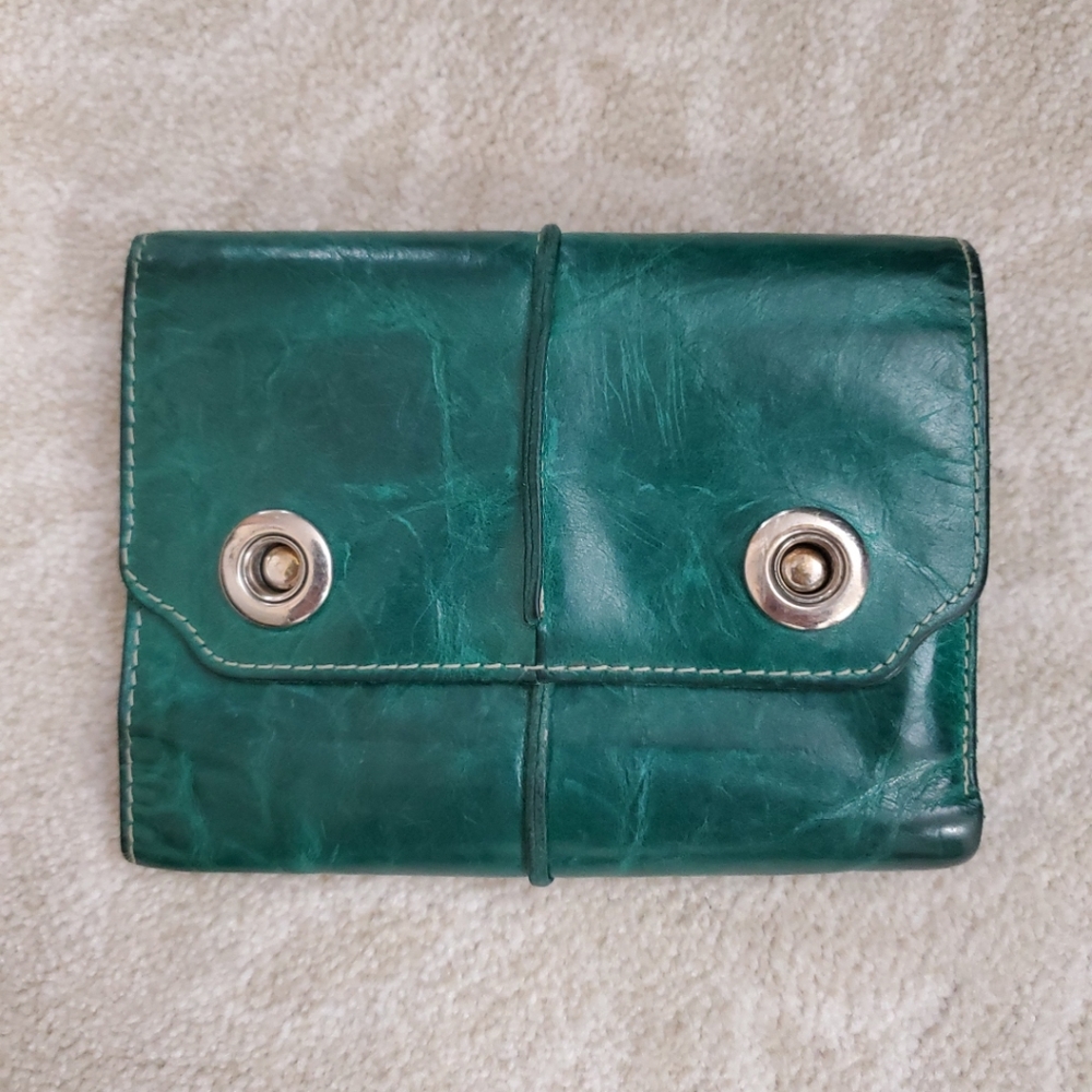 Christopher Kon Distressed Leather Trifold Wallet Teal Green Snap Closure Fabric